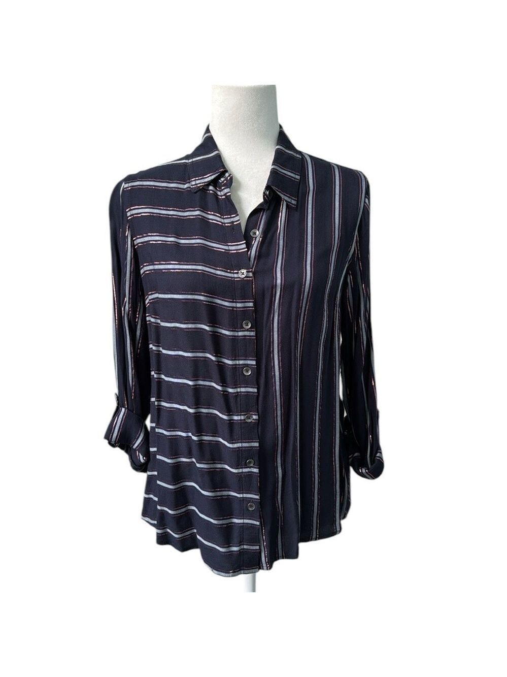 Dress Barn Navy Blue Rose Gold Striped Button Down Top Size Small fits Med